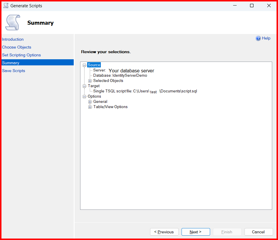Picture showing the summary screen of the Generate and Publish Scripts wizard
